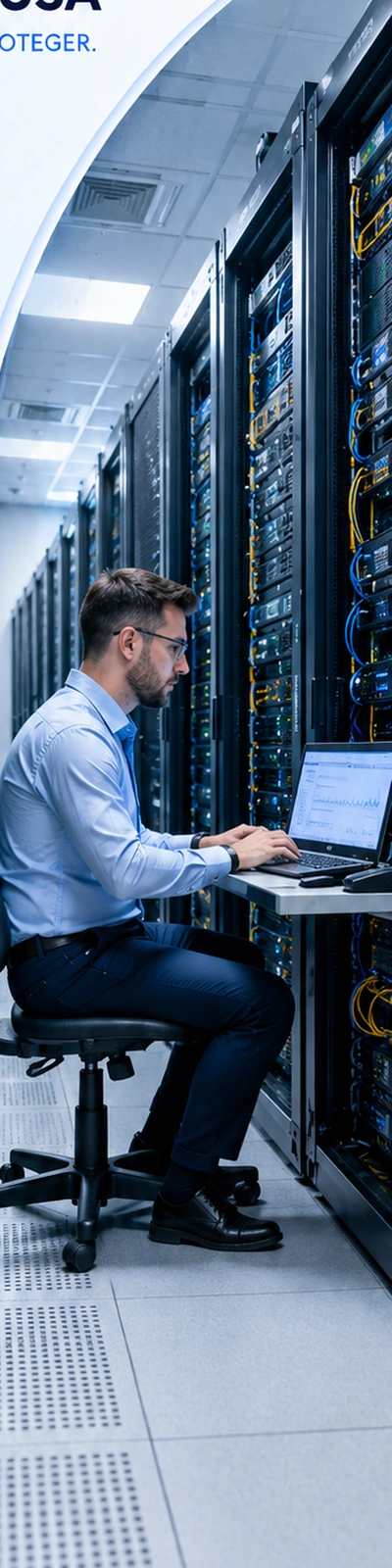 Profissional trabalhando em um datacenter moderno