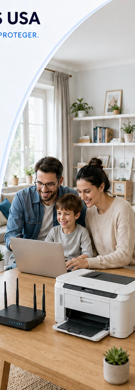 Família utilizando computador, roteador Wi‑Fi e impressora em casa