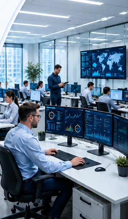 Equipe de tecnologia monitorando sistemas e indicadores