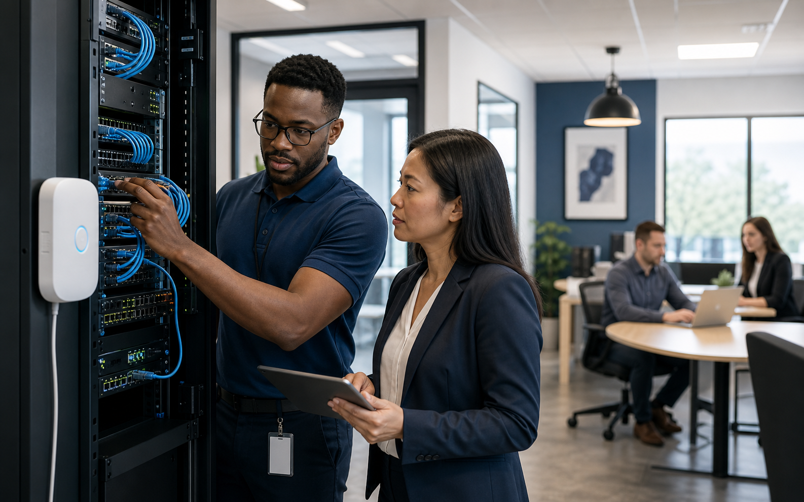 Business IT com rack e rede corporativa